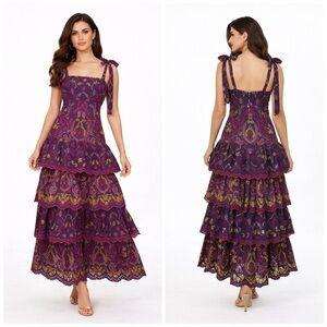 Marchesa Rosa Santal Embroidered Cotton Maxi Dress Tiered Purple Multi Size 4
